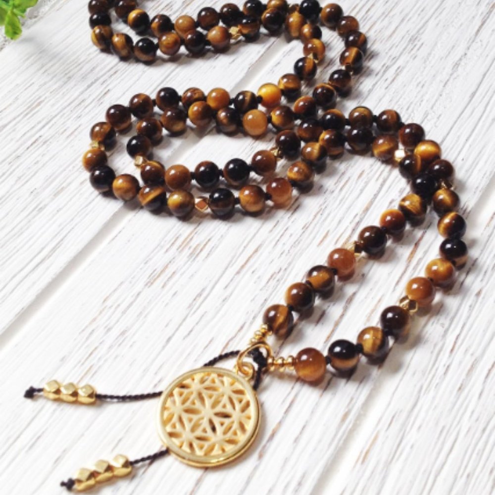 NEW! Tigers Eye Mala Beads 6mm Gold Flower Of Life Pendant Necklace High Quality